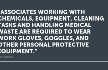 Alt text: Associates handling chemicals and medical waste wear gloves, goggles and protective equipment.